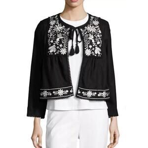 Broome Street Kate Spade Embroi White Floral Boxy Open Front Jacket XS Black